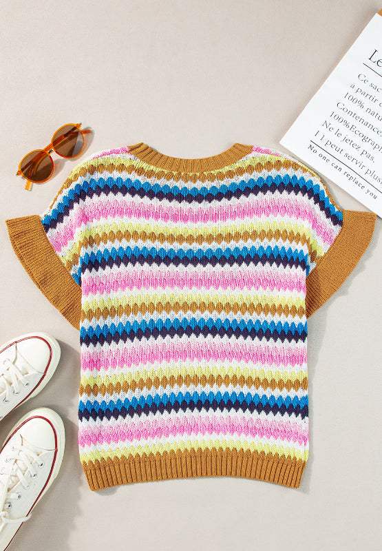 Contrast Round Neck Short Sleeve Sweater - Trendsi - Flyclothing LLC