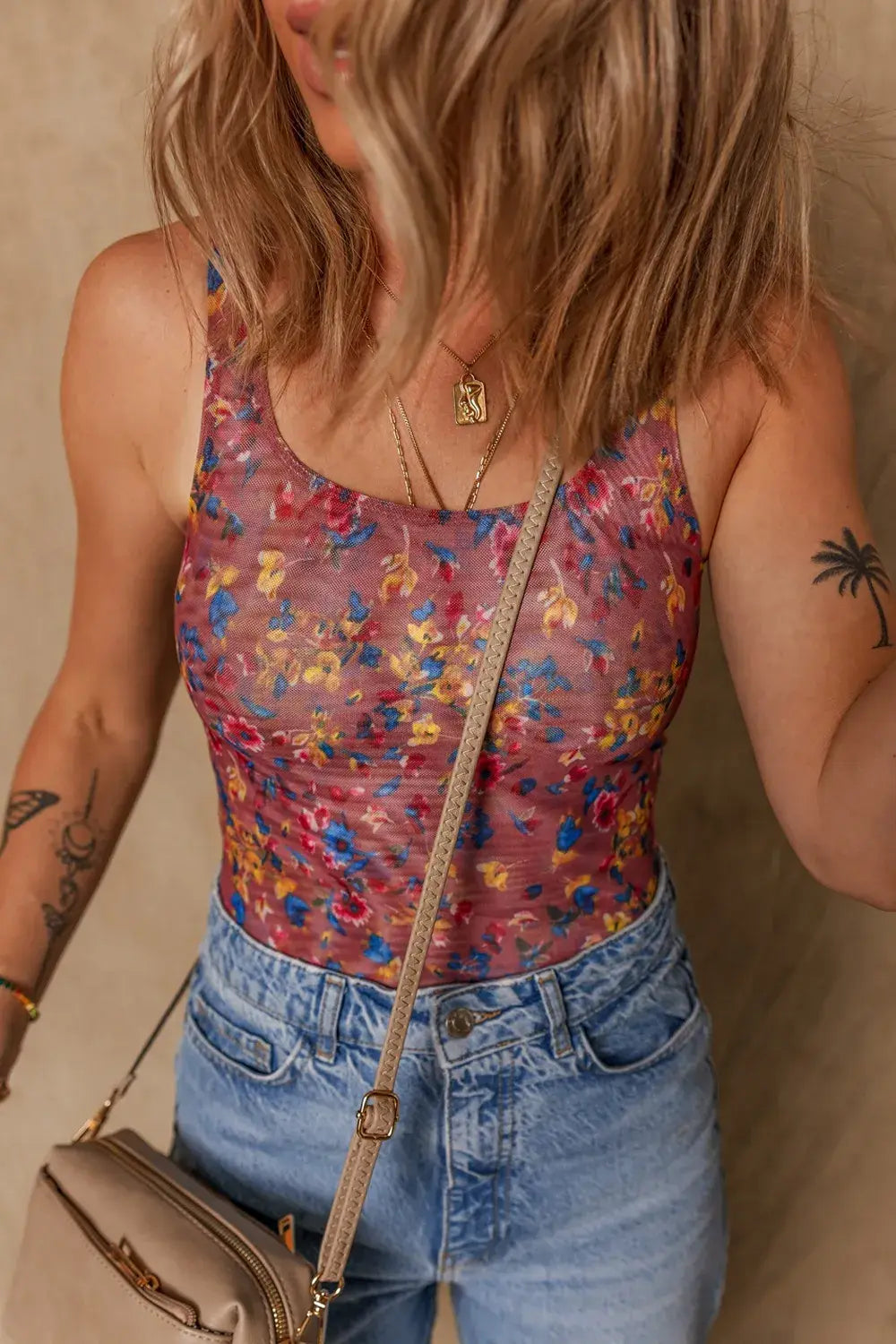 Floral Mesh Scoop Neck Wide Strap Bodysuit - Trendsi - Flyclothing LLC