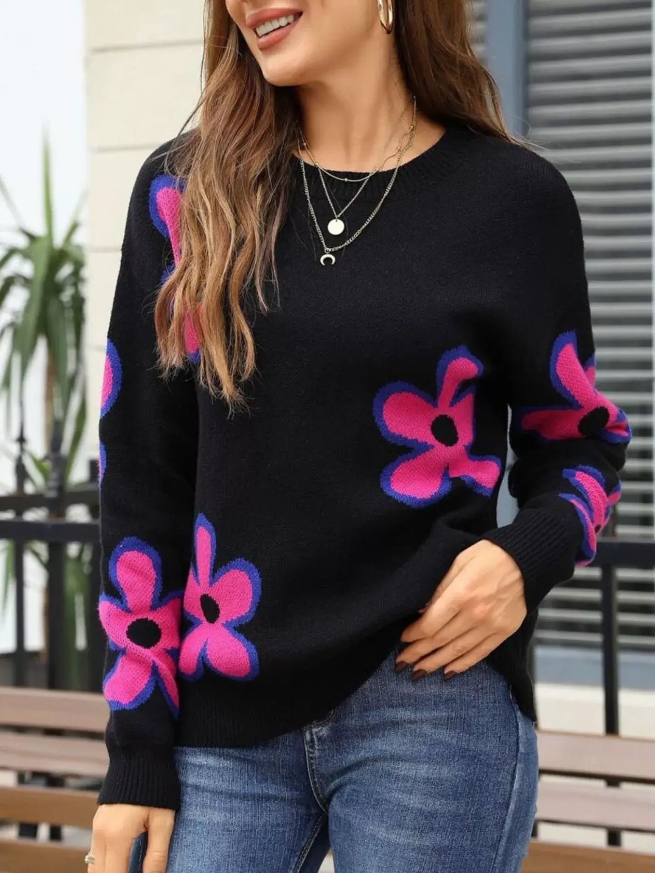 Floral Crew Neck Sweater - Trendsi - Flyclothing LLC
