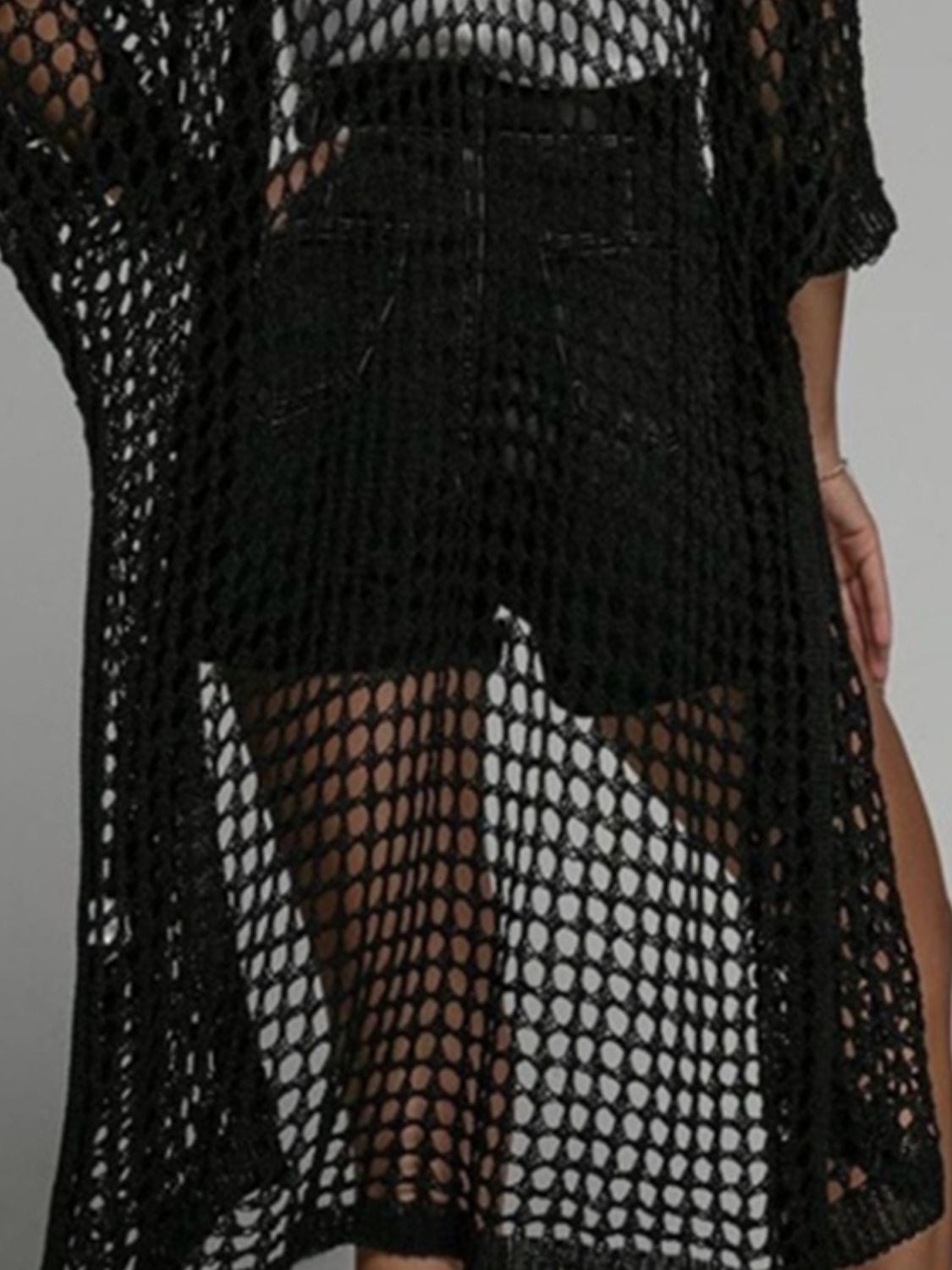 Openwork Open Front Three-Quarter Sleeve Cover Up - Trendsi