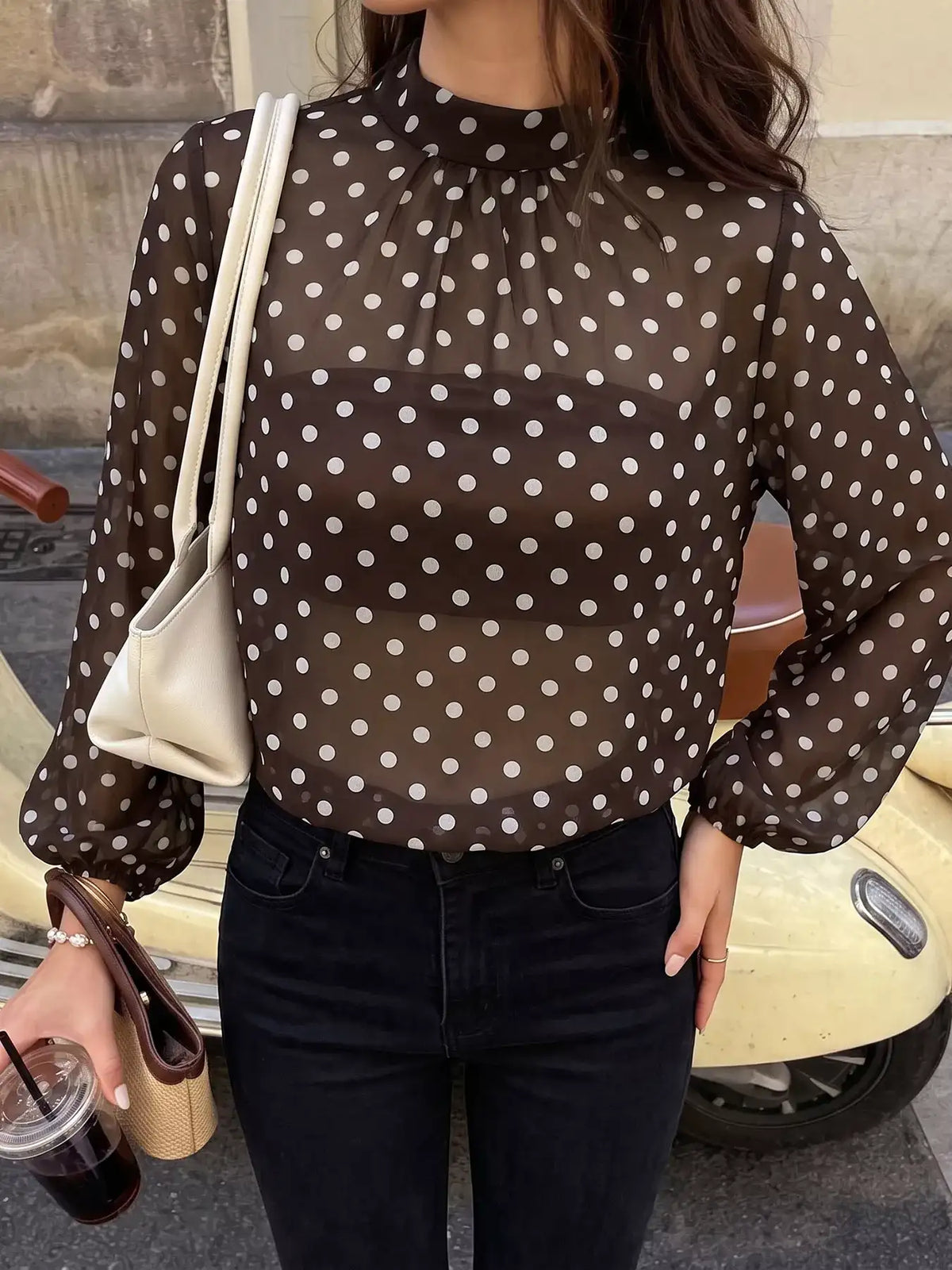 Polka Dot Mock Neck Long Sleeve Blouse - Trendsi - Flyclothing LLC