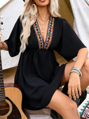 Embroidered Plunge Half Sleeve Mini Dress - Trendsi