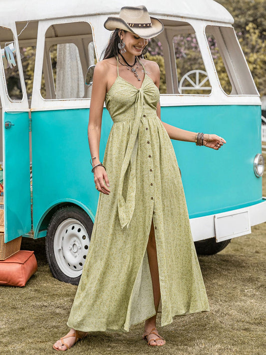 Printed Halter Neck Maxi Dress - Trendsi