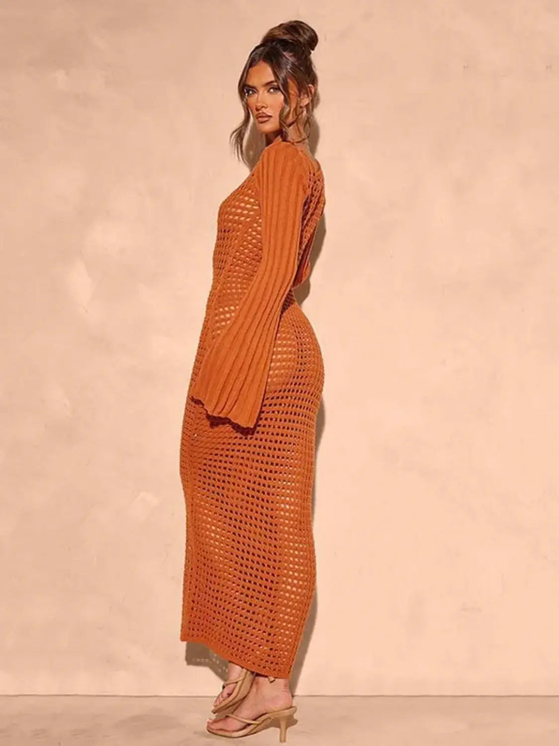 Openwork Square Neck Flare Sleeve Cover-Up Dress - Trendsi - Flyclothing LLC