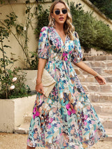 Smocked Printed V-Neck Half Sleeve Midi Dress - Trendsi - Flyclothing LLC