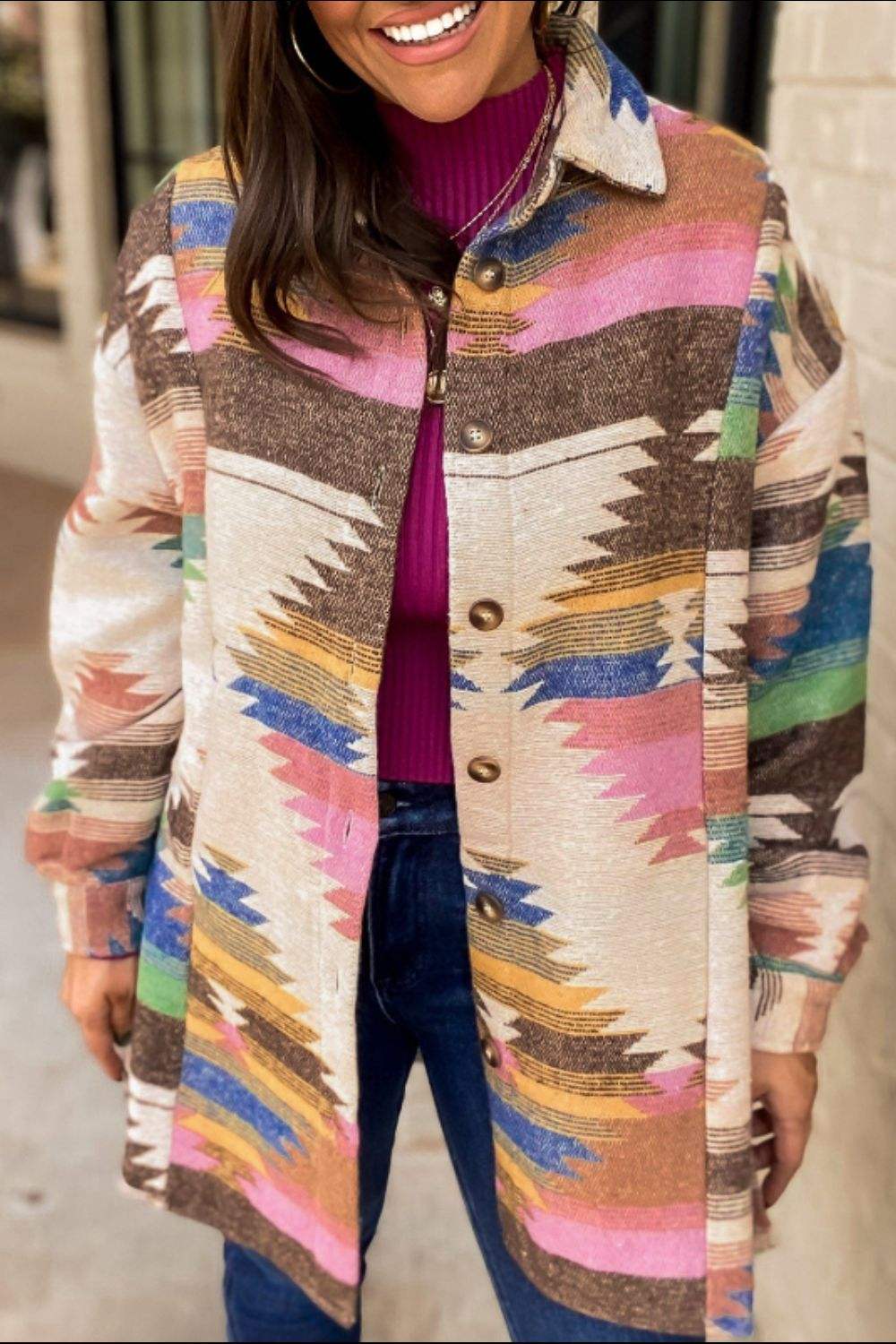 Geometric Button Up Long Sleeve Jacket - Trendsi - Flyclothing LLC