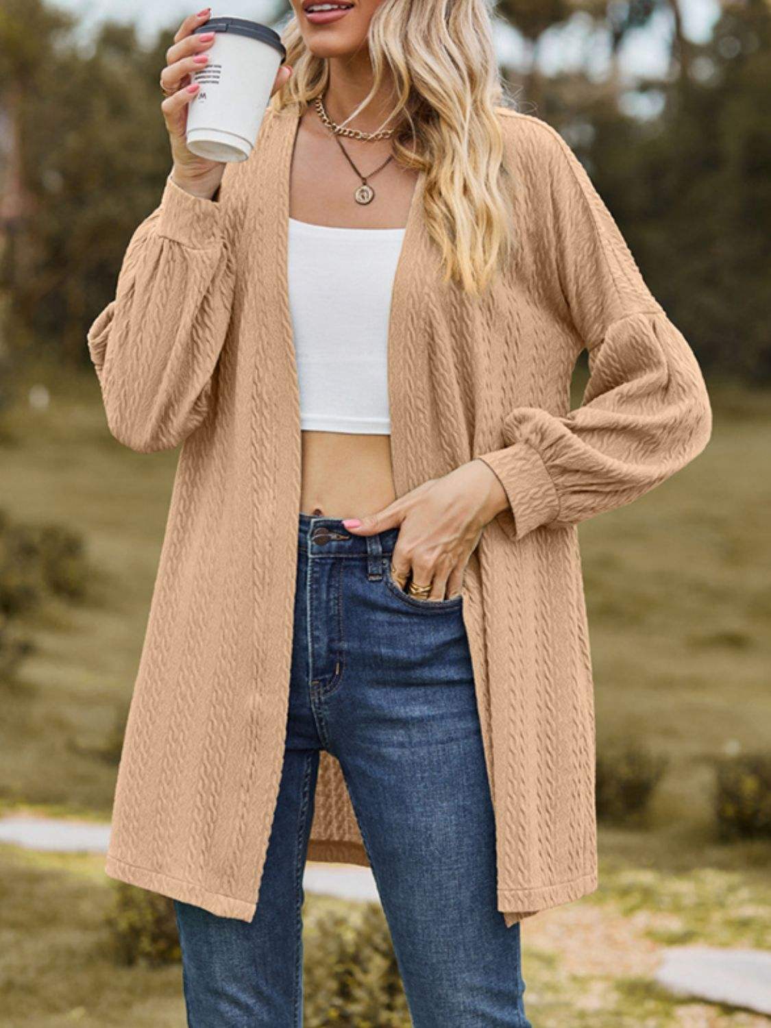 Textured Open Front Dropped Shoulder Cardigan - Trendsi - Flyclothing LLC