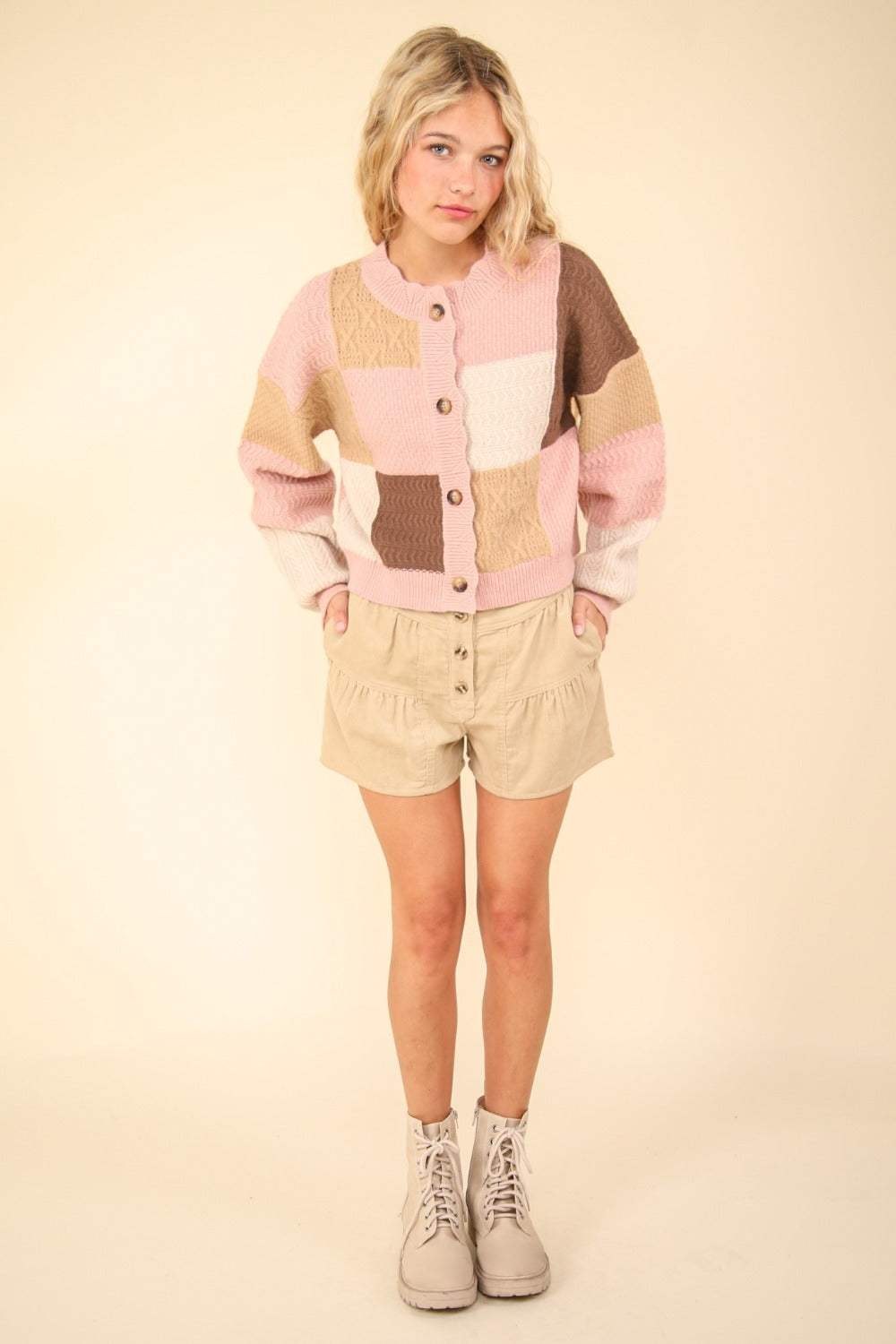 VERY J Color Block Button Down Textured Sweater Cardigan - Trendsi - Flyclothing LLC