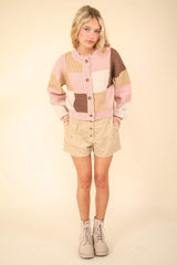 VERY J Color Block Button Down Textured Sweater Cardigan - Trendsi - Flyclothing LLC