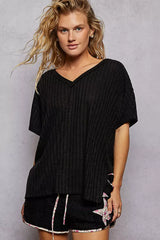 POL Ribbed Knit V-Neck Short Sleeve T-Shirt - Trendsi - Flyclothing LLC