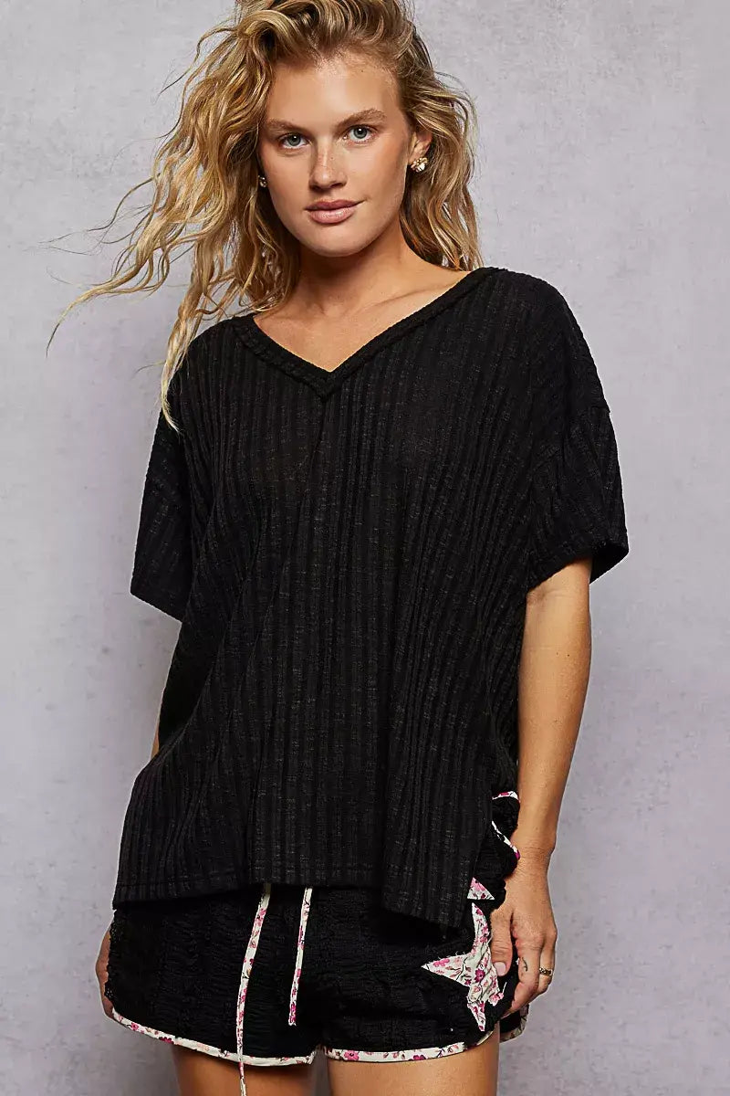 POL Ribbed Knit V-Neck Short Sleeve T-Shirt - Trendsi - Flyclothing LLC