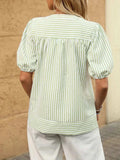 Striped Notched Puff Sleeve Blouse - Trendsi - Flyclothing LLC