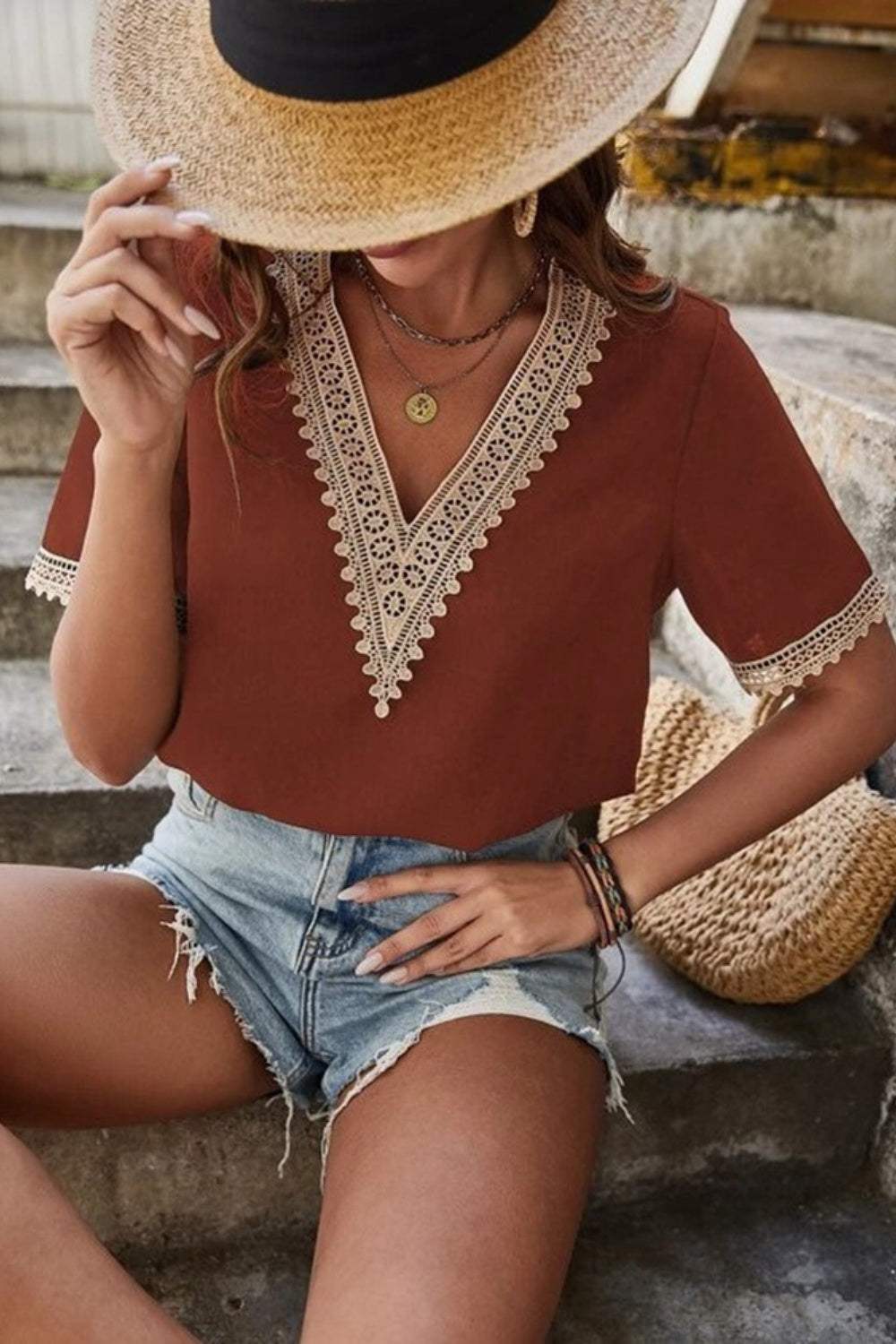 Full Size Lace Detail V-Neck Short Sleeve Blouse - Trendsi - Flyclothing LLC