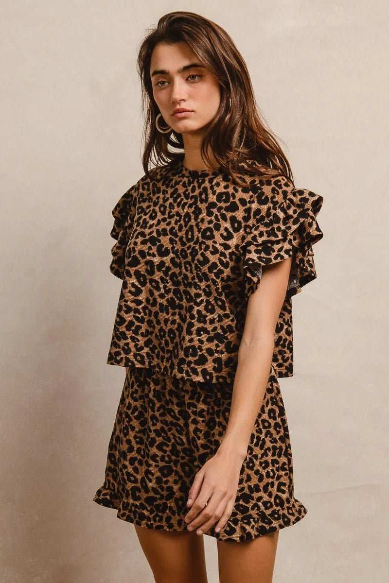 BiBi Leopard Print Waffle Texture Layered Ruffle Sleeve Top and Shorts Set - Trendsi - Flyclothing LLC