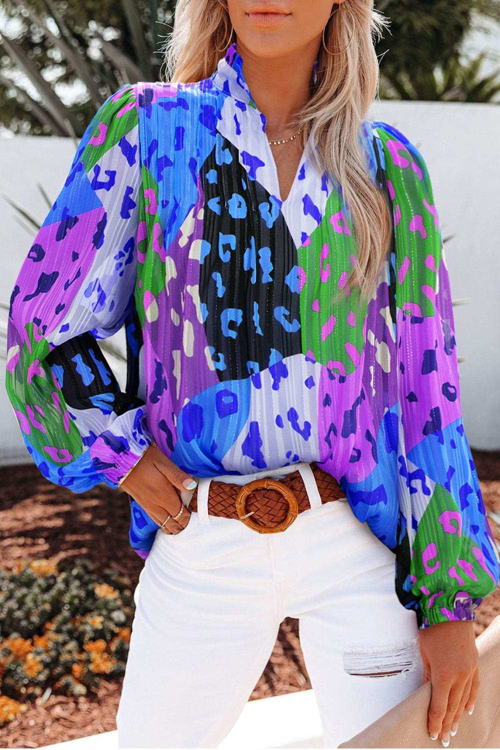 Printed Notched Long Sleeve Blouse - Trendsi - Flyclothing LLC