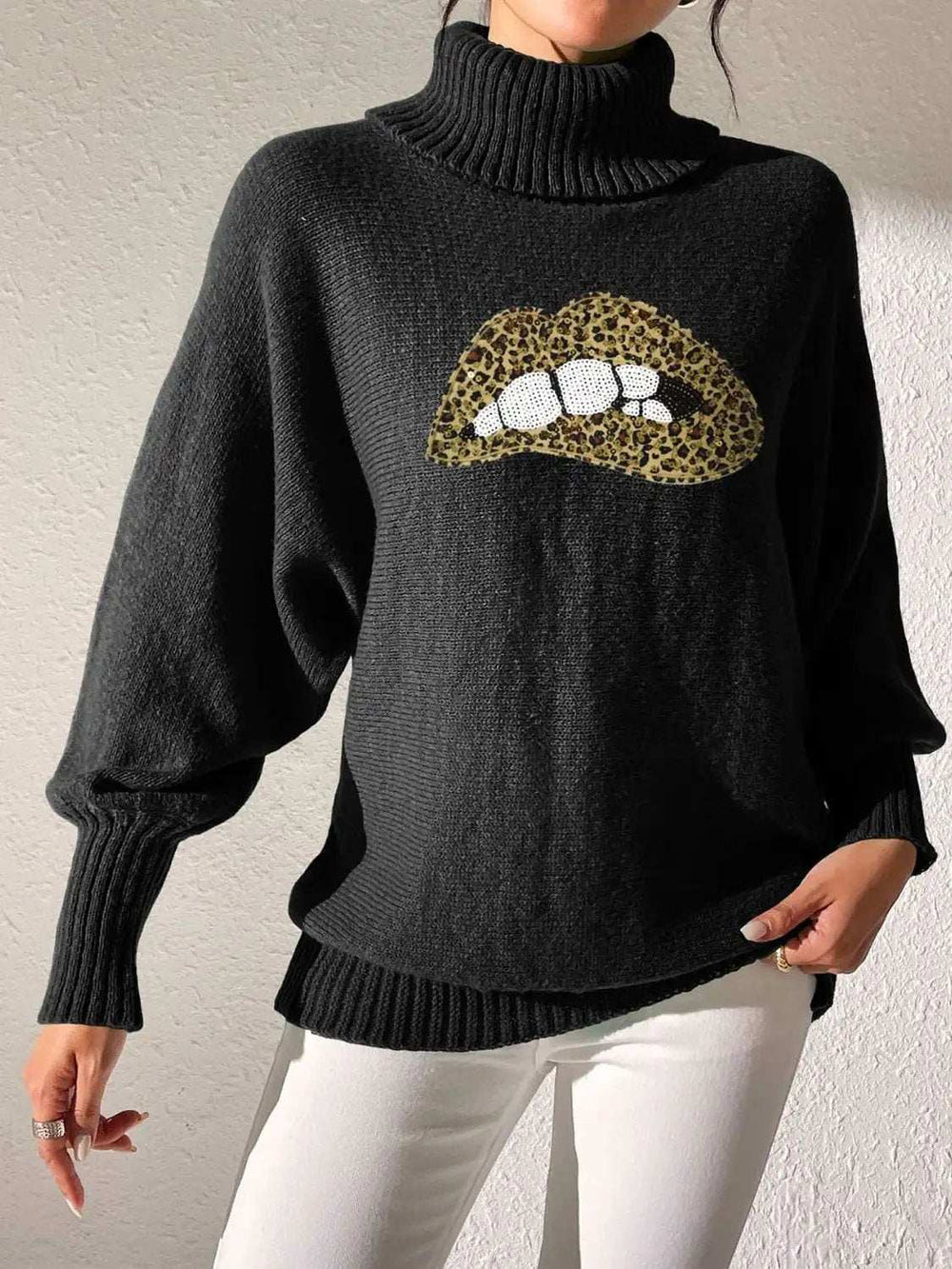 Lip Turtleneck Long Sleeve Sweater - Trendsi - Flyclothing LLC