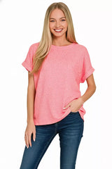 Zenana Soft Melange Hacci Short Sleeve Round Neck Top - Trendsi - Flyclothing LLC