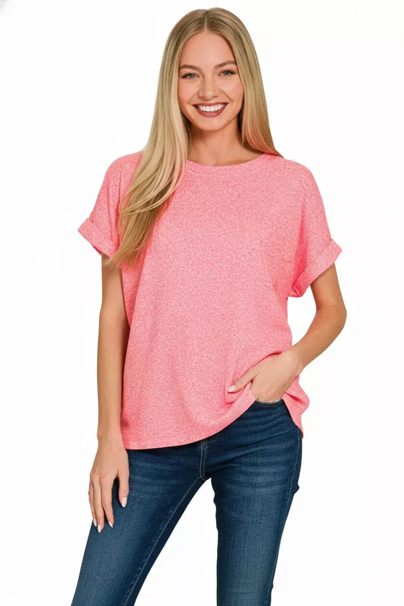 Zenana Soft Melange Hacci Short Sleeve Round Neck Top - Trendsi - Flyclothing LLC