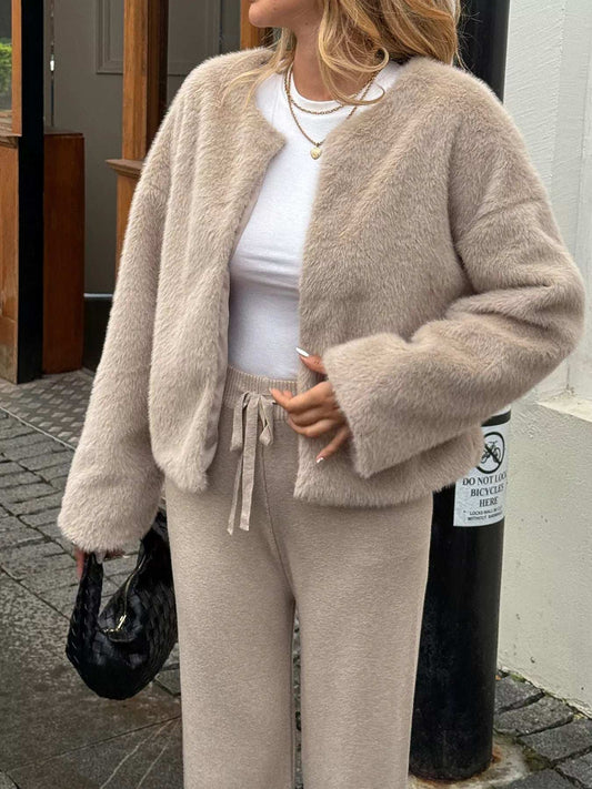 Open Front Dropped Shoulder Fuzzy Outerwear - Trendsi - Flyclothing LLC