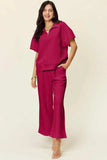 Double Take Full Size Texture Half Zip Short Sleeve Top and Pants Set - Trendsi - Flyclothing LLC