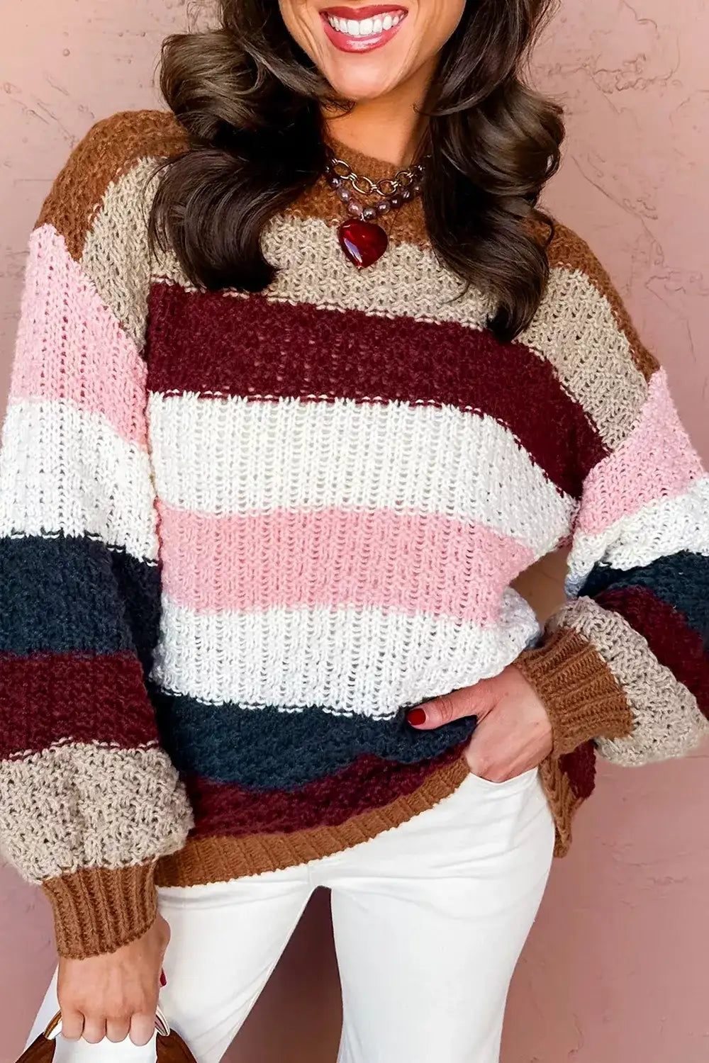 Striped Knit Dropped Shoulder Round Neck Sweater - Trendsi - Flyclothing LLC
