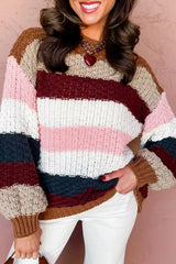 Striped Knit Dropped Shoulder Round Neck Sweater - Trendsi - Flyclothing LLC
