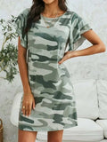 Camouflage Round Neck Short Sleeve Mini Dress - Trendsi - Flyclothing LLC