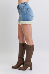 Judy Blue Full Size Hw Tummy Control Shearling Cuff Denim Shorts Plus Size - Trendsi - Flyclothing LLC