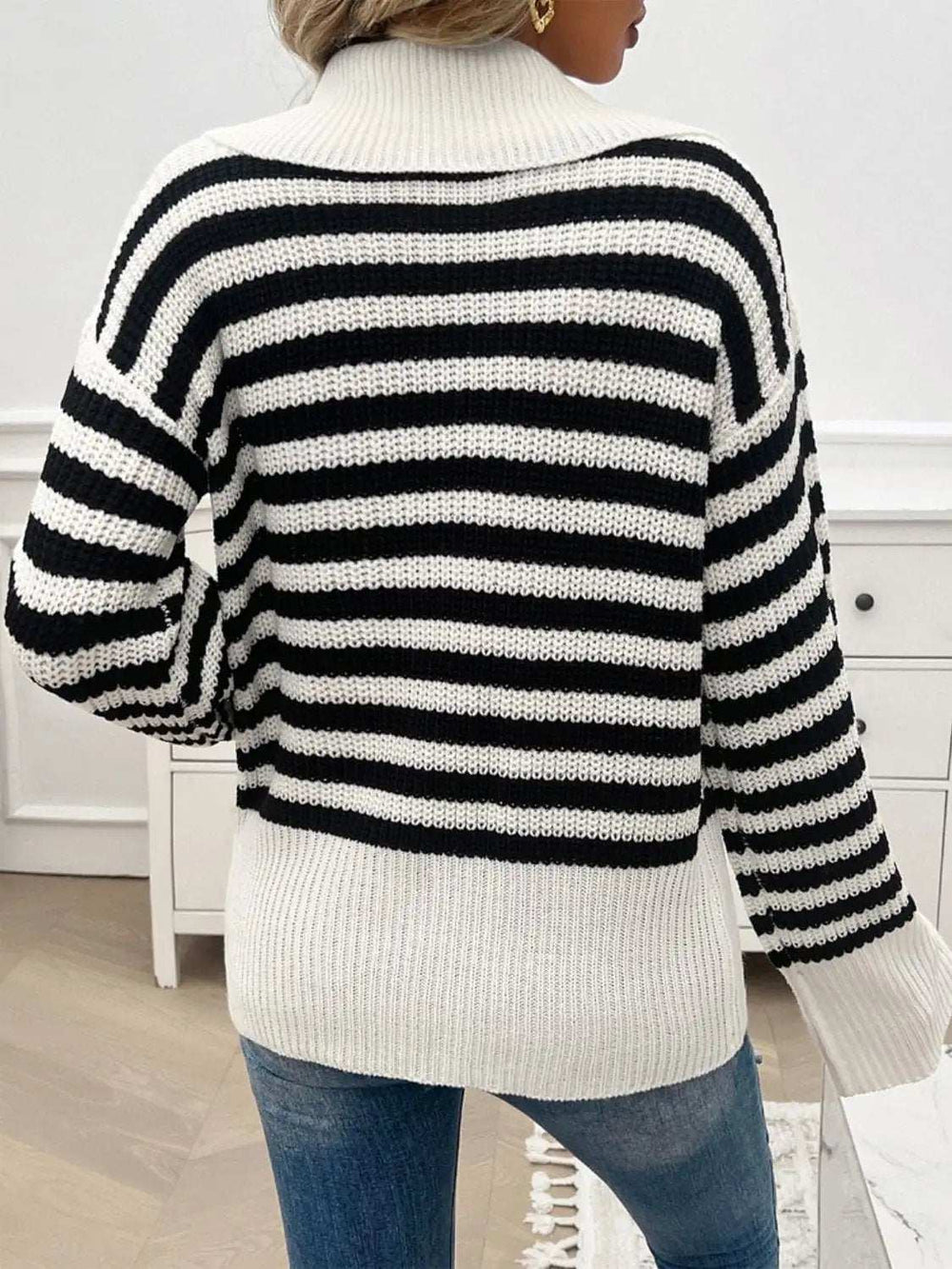 Striped Collared Neck Long Sleeve Sweater - Trendsi - Flyclothing LLC