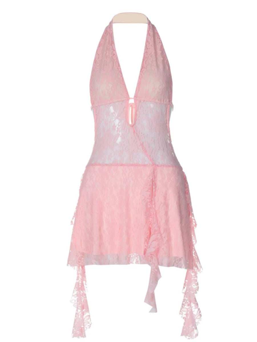 Backless Lace Halter Neck Mini Dress - Trendsi - Flyclothing LLC