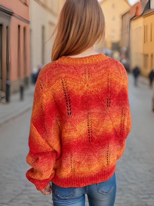 Openwork Round Neck Long Sleeve Sweater - Trendsi