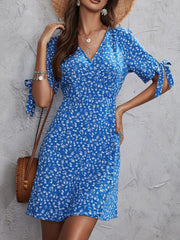 Honey Printed Surplice Short Sleeve Mini Dress - Trendsi