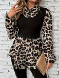 Leopard Collared Neck Balloon Sleeve Blouse - Trendsi