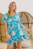 BiBi Floral Crinkle Shirred Ruffle Detail V Neck Dress - Trendsi - Flyclothing LLC