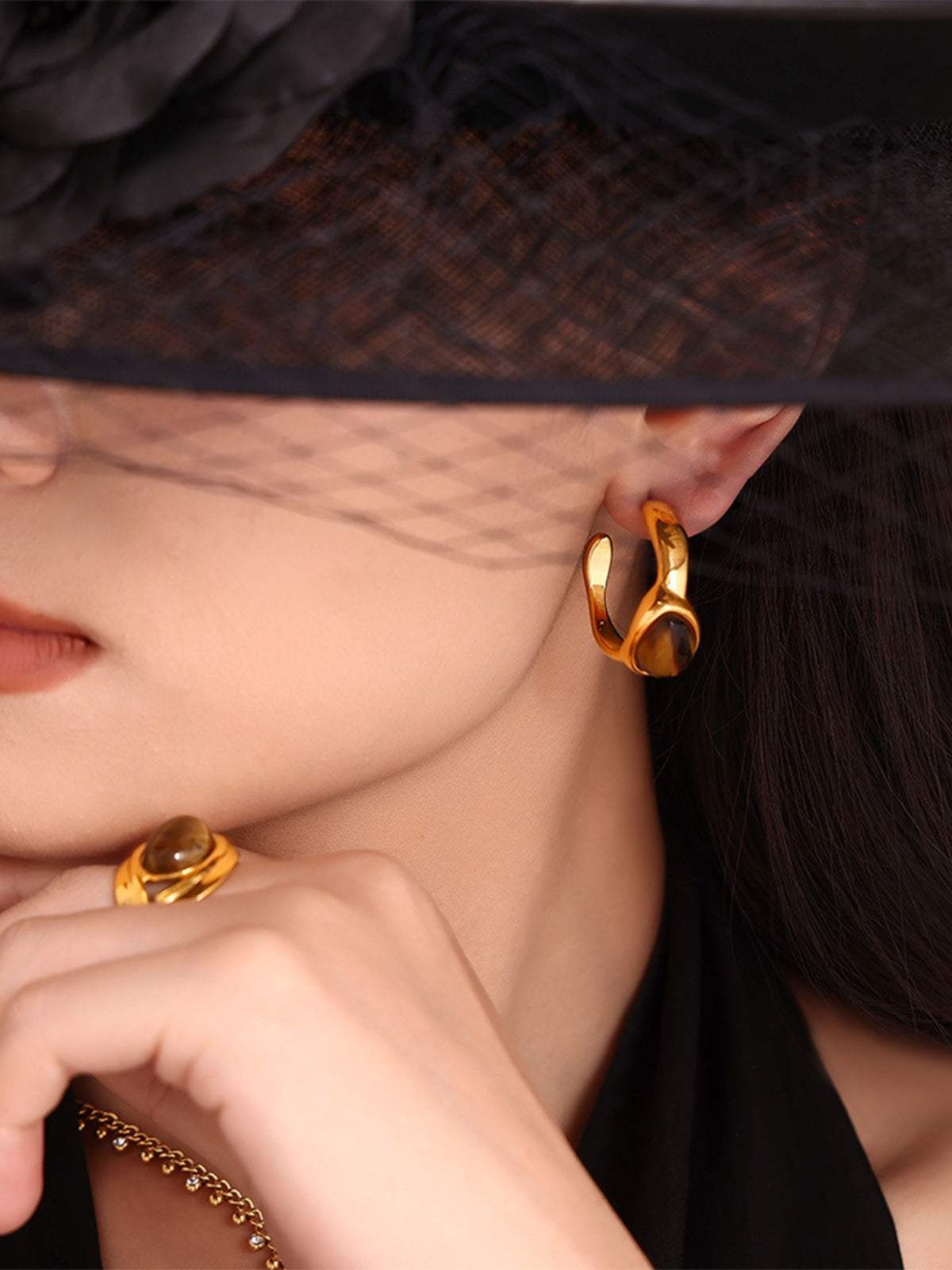 Stainless Steel Tigerite Ring and C-Hoop Earrings Set - Trendsi - Flyclothing LLC