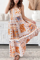 Printed Smocked Back Ricrac Trim Cami Dress - Trendsi - Flyclothing LLC