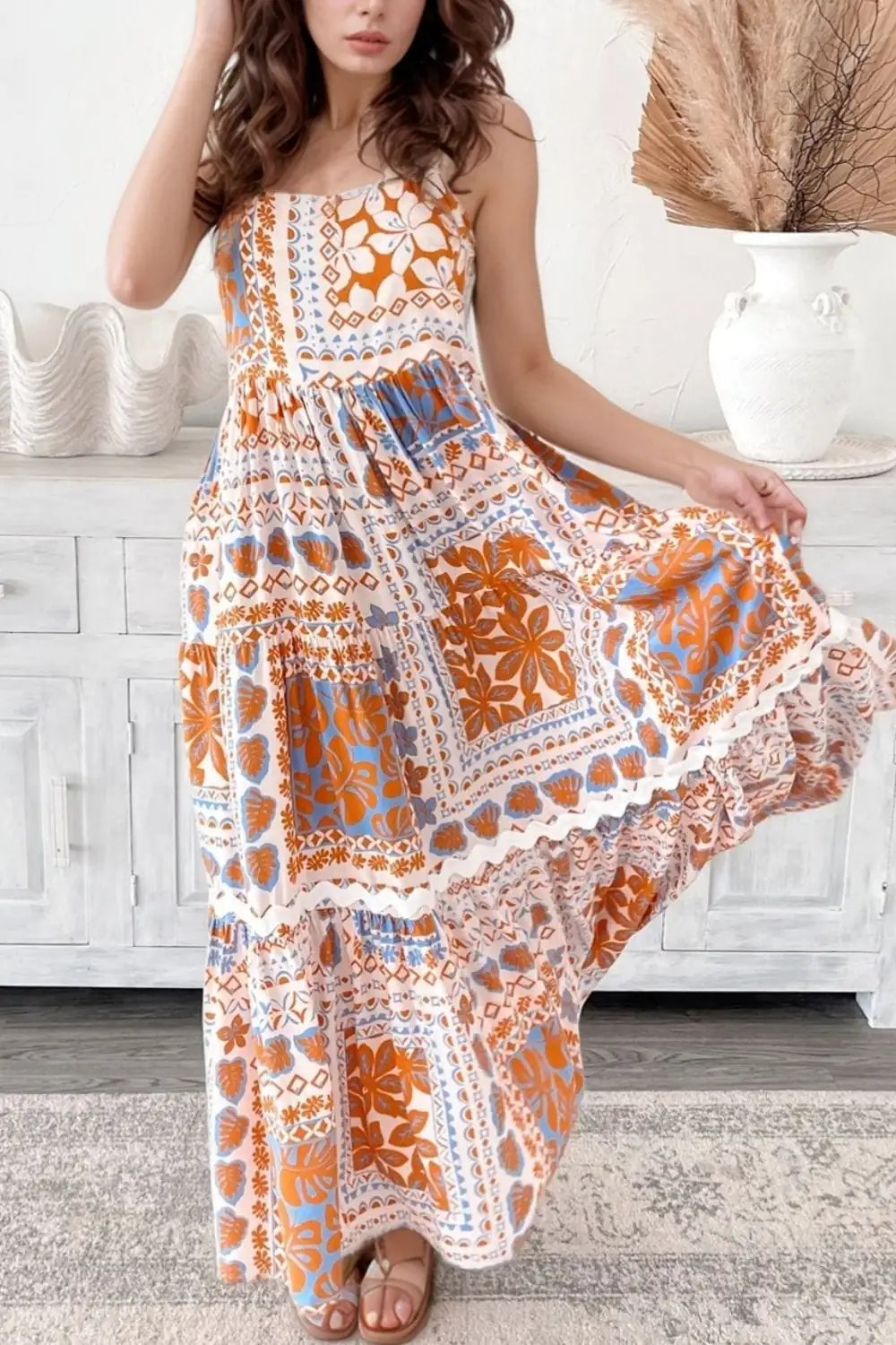 Printed Smocked Back Ricrac Trim Cami Dress - Trendsi