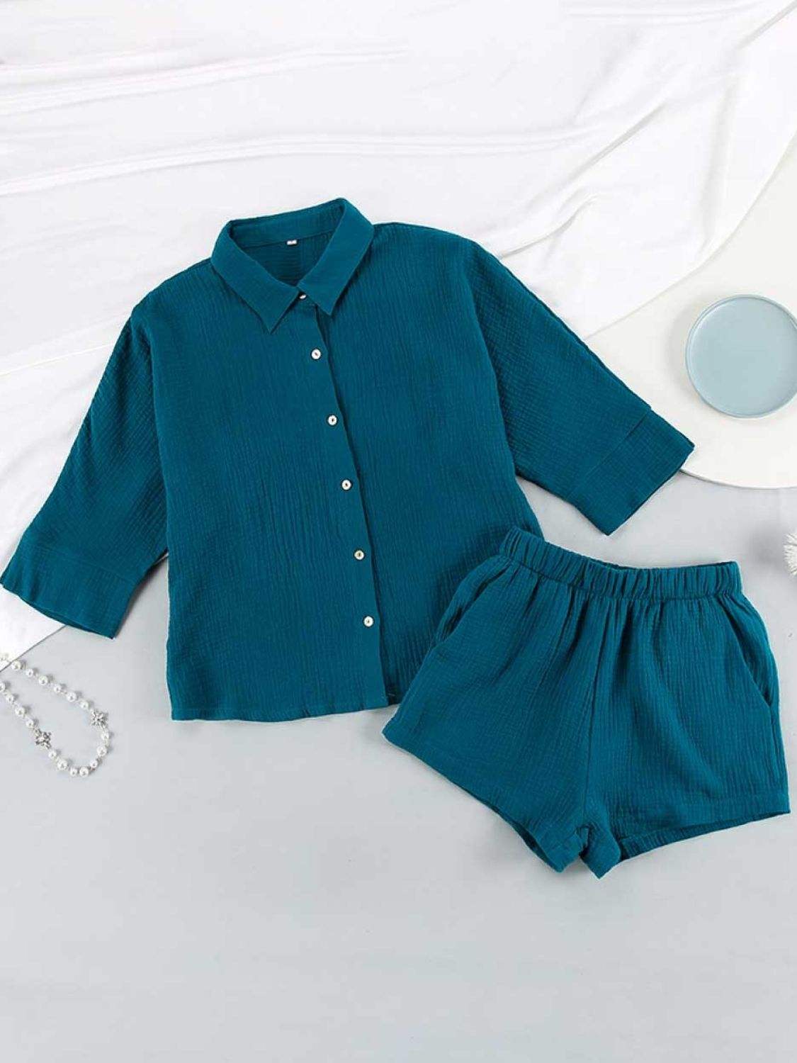 Texture Button Up Shirt and Shorts Set - Trendsi - Flyclothing LLC