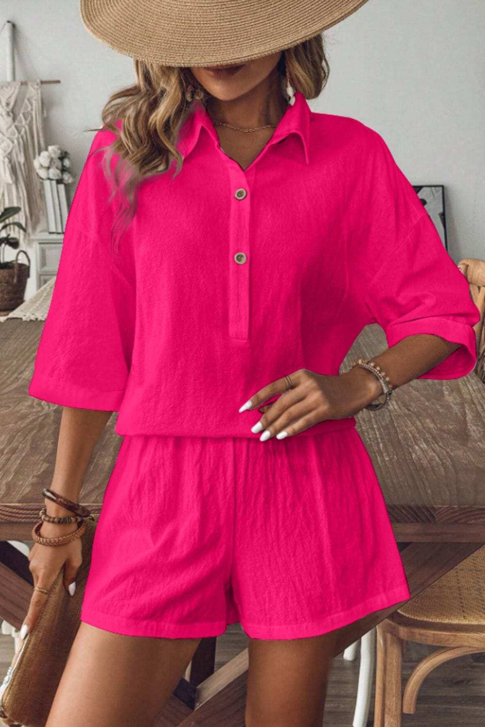Collared Neck Half Sleeve Top and Shorts Set - Trendsi - Flyclothing LLC