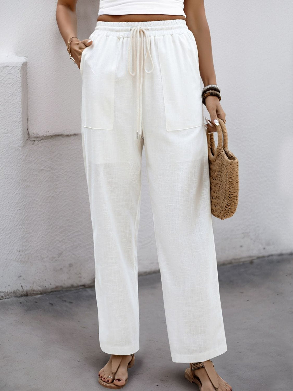 Perfee Drawstring Wide Straight Pants - Trendsi