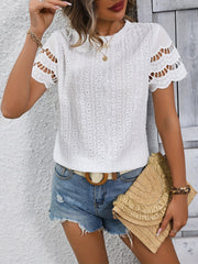 Full Size Eyelet Round Neck Short Sleeve Top - Trendsi