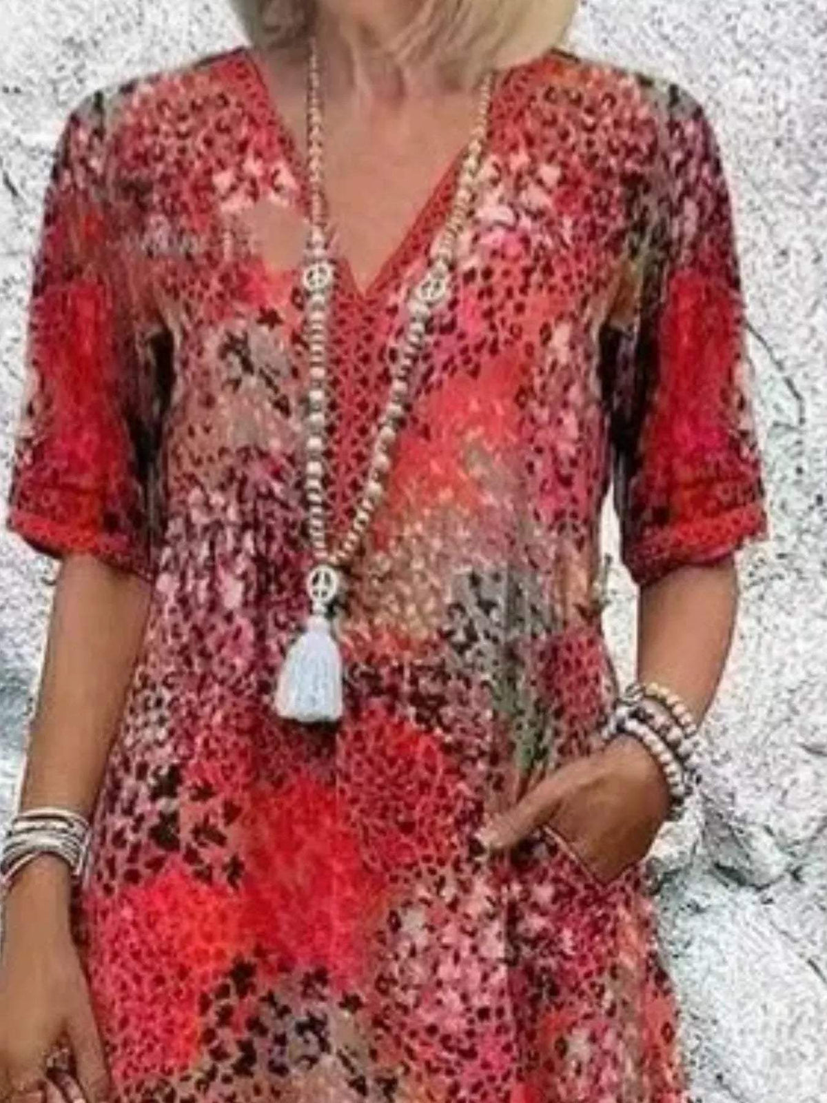 Full Size Printed V-Neck Half Sleeve Dress Plus Size - Trendsi - Flyclothing LLC