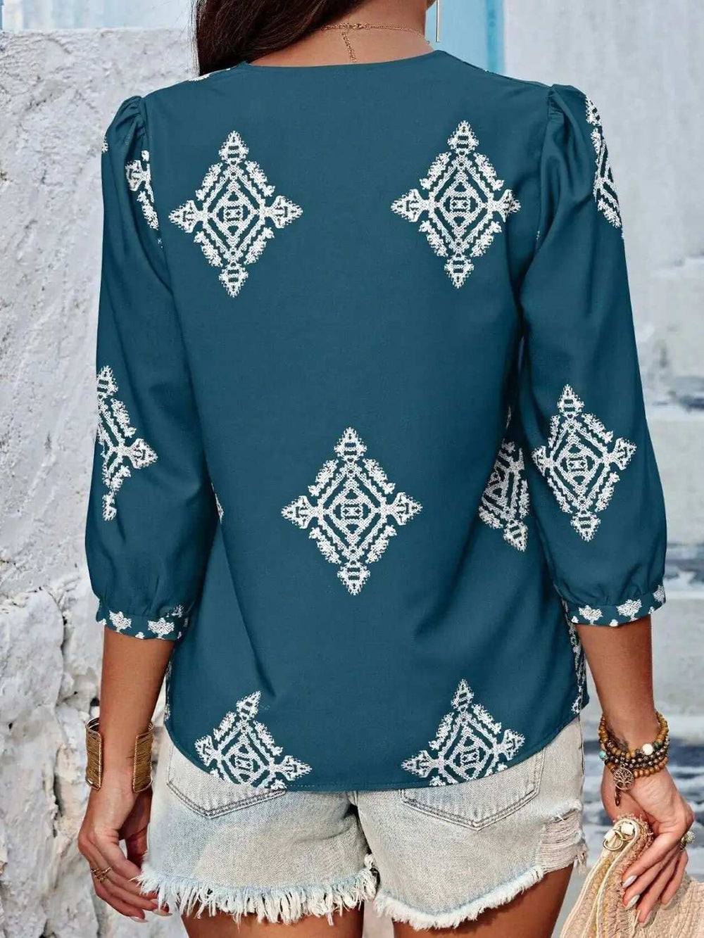 Printed V-Neck Three-Quarter Sleeve Blouse - Trendsi - Flyclothing LLC