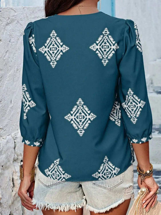 Printed V-Neck Three-Quarter Sleeve Blouse - Trendsi - Flyclothing LLC