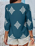 Printed V-Neck Three-Quarter Sleeve Blouse - Trendsi