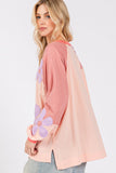 SAGE + FIG Full Size Daisy Applique Patch Color Block Long Sleeve Top - Trendsi