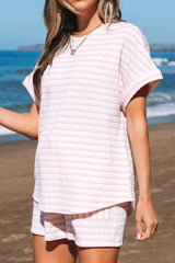 Stripe Knitted Short Sleeve Top and Drawstring Shorts Set - Trendsi - Flyclothing LLC