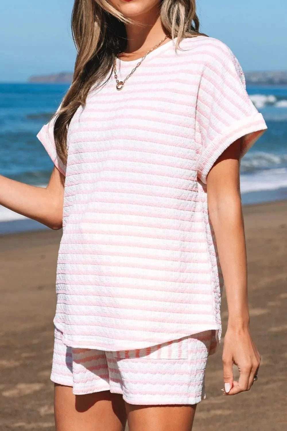 Stripe Knitted Short Sleeve Top and Drawstring Shorts Set - Trendsi - Flyclothing LLC