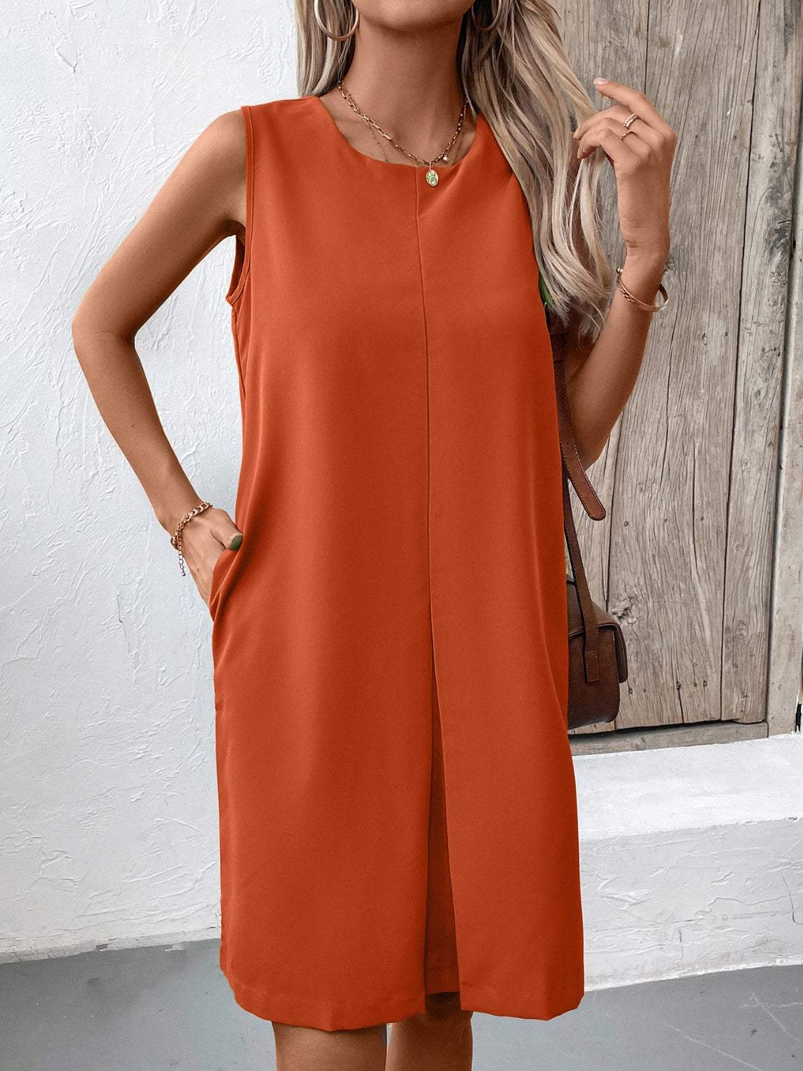 Pocketed Round Neck Sleeveless Mini Dress - Trendsi - Flyclothing LLC