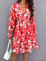 Backless Printed V-Neck Flounce Sleeve Dress - Trendsi - Flyclothing LLC